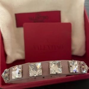 Valentino Swarovski Crystal Rockstud Bracelet in Nude Leather